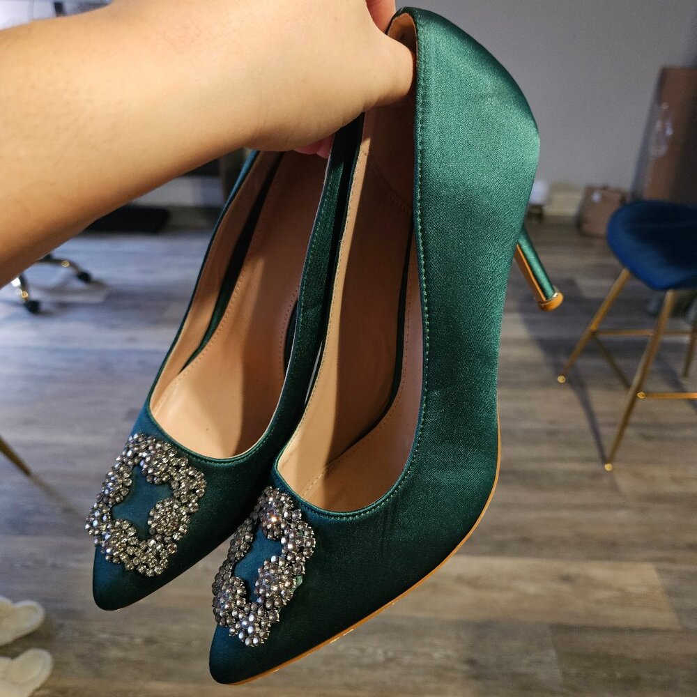 Satin Green Crystal Buckle Formal Heels